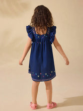 Young Girl Cute Summer Navy Blue Vacation Palm Tree Pattern Ruffled Hem Dress